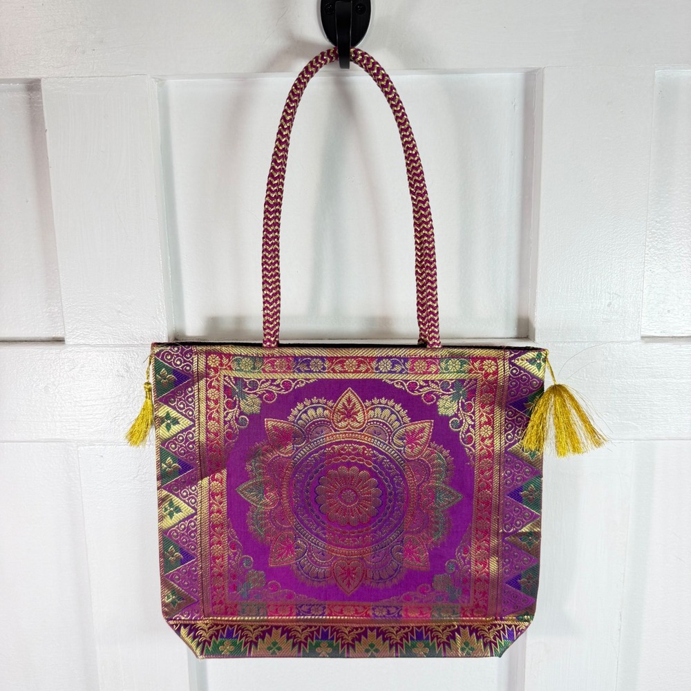 Purple Gold Mandala Brocade Tote Bag Tassel Zipper Braided Handle Boho Ethnic
